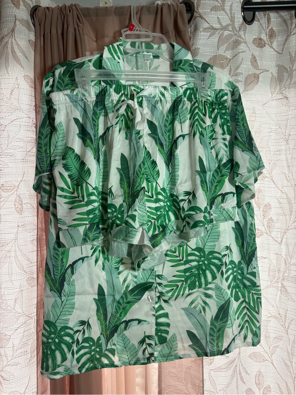 Others Follow Green Leaf Print Off-Shoulder Ruffle Top
